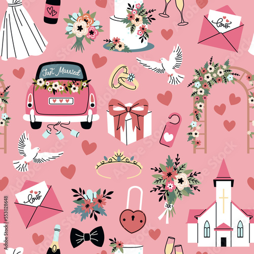 Cartoon wedding seamless pattern. Engagement party elements, bride and groom accessories, rings and dove, love symbols, church and car, festive cake. Decor textile, tidy vector background