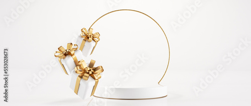 Modern, Trendy White And Golden Podium / Stage With Gift Boxes And Confetti. New Year, Christmas, Birthday, Prize Concept Empty Space Background For Product Promotion - 3D Illustration 