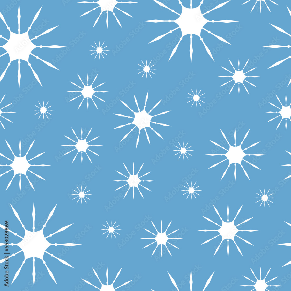 Seamless pattern of white snowflakes on a sky blue background in vector