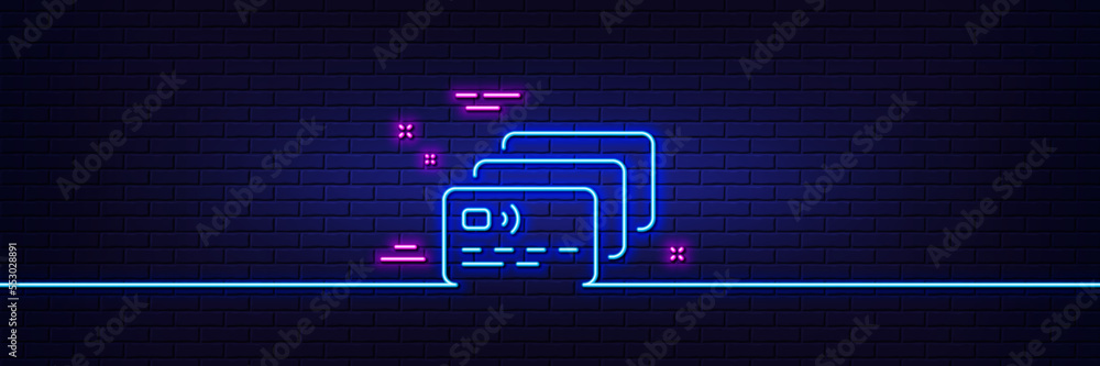 Neon light glow effect. Credit card line icon. Bank money payment sign. Non-cash pay symbol. 3d line neon glow icon. Brick wall banner. Card outline. Vector Neon light glow effect. Credit card line icon. Bank money payment sign. Non-cash pay symbol. 3d line neon glow icon. Brick wall banner. Card outline. Vector