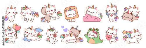 Cute unicorn cats. Funny color fairy animals with rainbow tails, baby adorable kittens sleeping, playing and cuddling, kawaii pets, cartoon stickers collection, tidy vector set photo