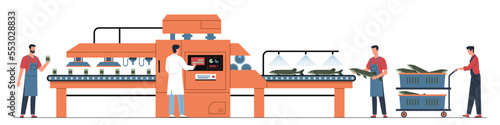Fishing industry concept. Canning factory, professional workers and conveyor, production of canned seafood, packaging process automation. Tins on conveyor belt nowaday vector cartoon set