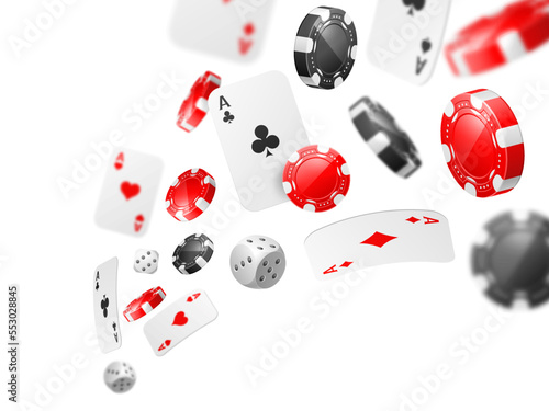 Flying aces and chips. Realistic gambling elements, 3d cards, different suits gamble aces and red and black casino game tokens, jackpot composition isolated, utter vector concept