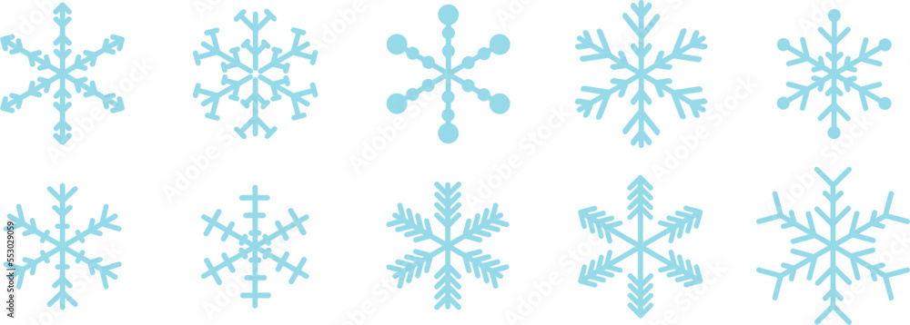 A set of snowflakes. Vector illustration of snowflakes on a cut-out background.