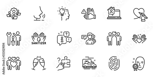 Outline set of Fingerprint, Dont touch and Love couple line icons for web application. Talk, information, delivery truck outline icon. Include Search puzzle, Friends couple, Work home icons. Vector