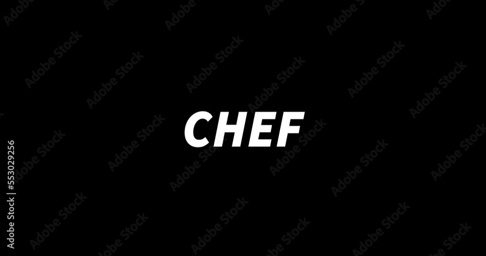 CHEF text animation on black background. Modern text animation, written CHEF CHEF text animation on black background. Modern text animation, written CHEF