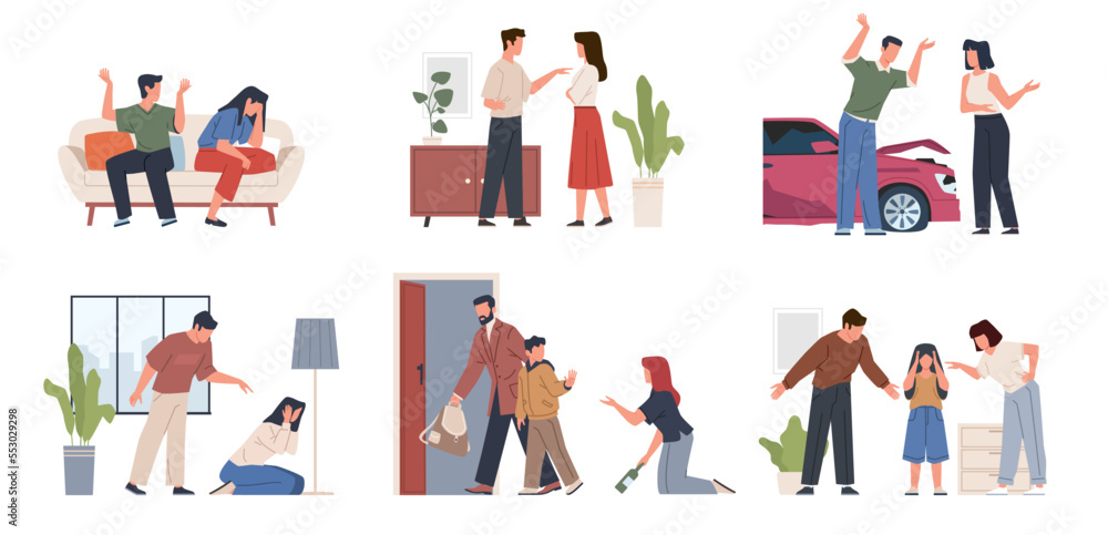 Unhappy family. Abused people, quarreling parents, angry pairs, stressed children, couples scandal, relationship crisis, domestic abuse, unhappy marriage nowaday vector cartoon flat set