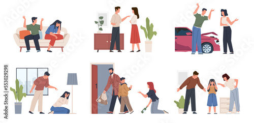 Unhappy family. Abused people, quarreling parents, angry pairs, stressed children, couples scandal, relationship crisis, domestic abuse, unhappy marriage nowaday vector cartoon flat set