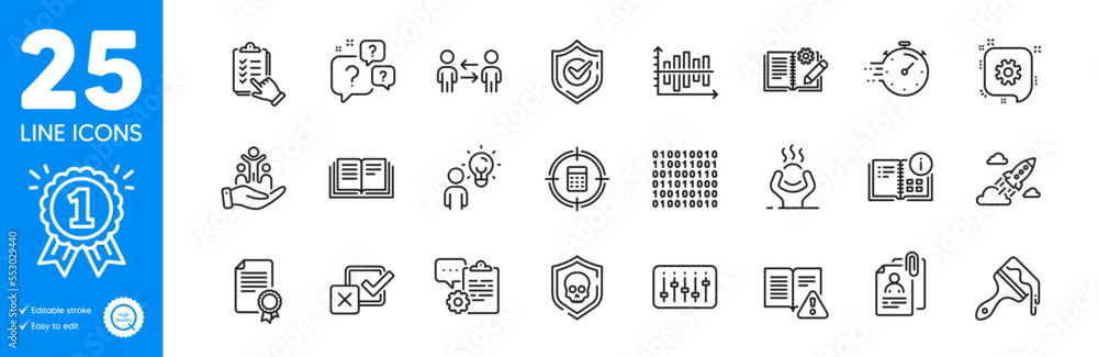 Outline icons set. Interview documents, Reward and Confirmed icons. Question bubbles, Teamwork business, Cyber attack web elements. Clipboard, Instruction info, Education signs. Brush. Vector Outline icons set. Interview documents, Reward and Confirmed icons. Question bubbles, Teamwork business, Cyber attack web elements. Clipboard, Instruction info, Education signs. Brush. Vector