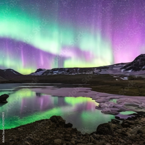 northern lights above snowy icy iceland landscape