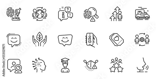 Outline set of Smile chat, Medical mask and Engineering team line icons for web application. Talk, information, delivery truck outline icon. Vector
