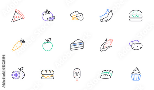 Food line icons. Vegetables, Fruits and Sweet Desserts icons. Potato slices, corn and fresh carrot. Corn, Apple and Orange. Cake, Ice cream and Cupcake icon. Pizza, burger and sausages. Vector