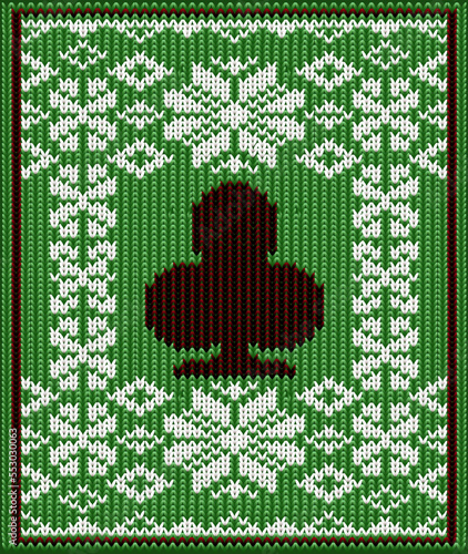 Merry Christmas New year knitted pattern with casino poker clubs cards, vector illustration