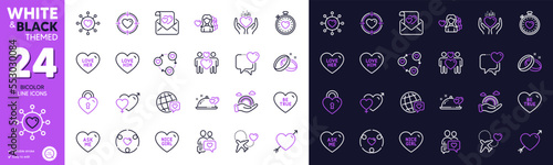 Honeymoon travel, Love lock and Ask me line icons for website, printing. Collection of Be true, Love her, Dating chat icons. Romantic dinner, Lgbt, Heartbeat timer web elements. Vector