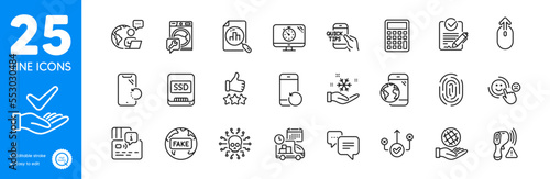 Outline icons set. Dermatologically tested, Fake news and Fingerprint icons. Education, Ssd, Calculator web elements. Rfp, Safe planet, Mobile internet signs. Outsource work, Correct way. Vector