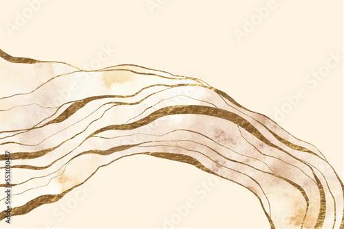 Beige, brown watercolor abstract texture with golden lines, waves. Marble, stone imitation. 