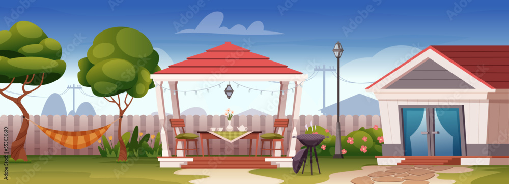 Terrace background. Outdoor village landscape with gazebo and hammock for relax time in garden exact vector template