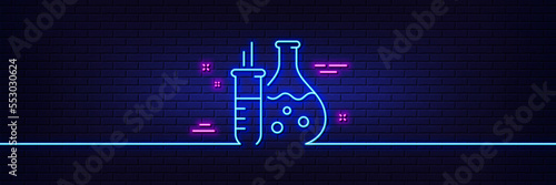 Neon light glow effect. Chemistry flask line icon. Laboratory tube sign. Analysis lab symbol. 3d line neon glow icon. Brick wall banner. Chemistry flask outline. Vector