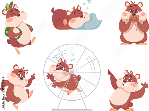 Hamster characters. Funny domestic fluffy animals in action poses home swanky pets exact vector cartoon hamsters