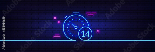 Neon light glow effect. Quarantine timer line icon. Coronavirus incubation period sign. Self-isolation symbol. 3d line neon glow icon. Brick wall banner. Quarantine outline. Vector