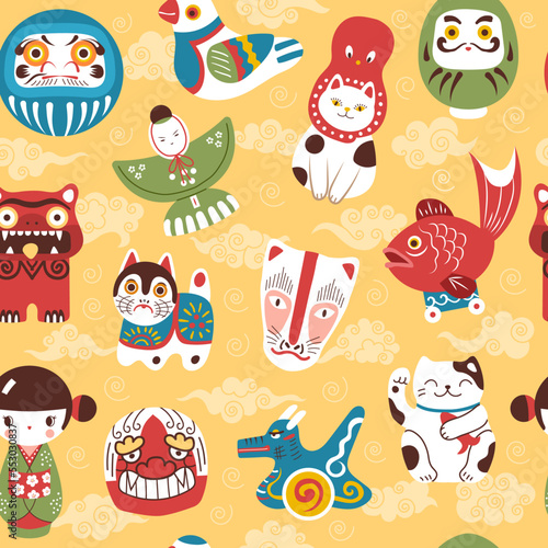 Japanese toys pattern. Lucky and fortune items maneki cat recent vector seamless background