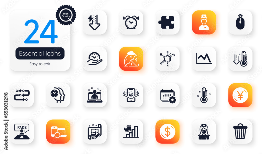 Set of Science flat icons. Thermometer, Time management and Growth chart elements for web application. Architect plan, Recovery devices, Augmented reality icons. Low thermometer. Vector Set of Science flat icons. Thermometer, Time management and Growth chart elements for web application. Architect plan, Recovery devices, Augmented reality icons. Low thermometer. Vector