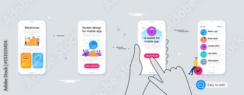 Outline set of Takeaway coffee, Ice cream and Healthy food line icons for web application. Phone ui interface. Include Alcohol addiction, Burger, Cappuccino icons. Cocoa nut, Cappuccino cream. Vector