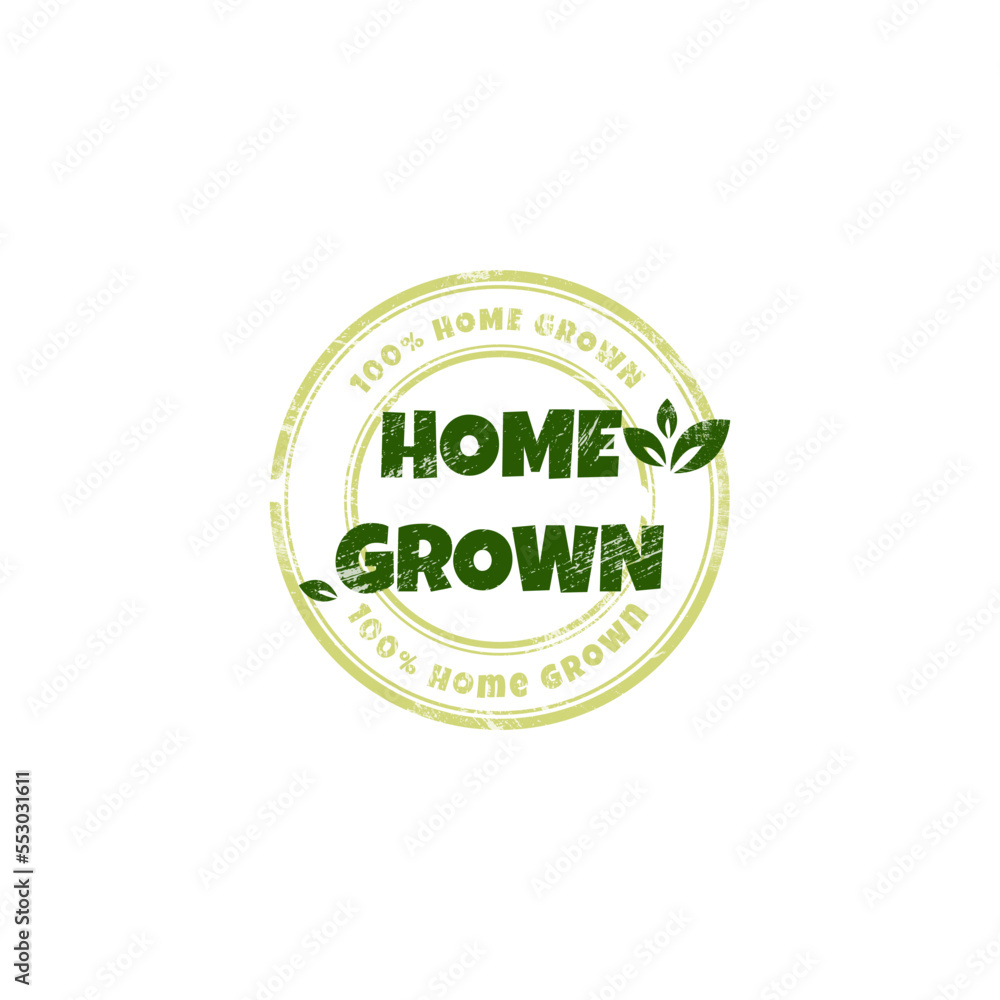 Home grown products sticker, label, badge and logo with grunge texture. Ecology icon. Logo template with green leaves for home grown products. Vector illustration Home grown products sticker, label, badge and logo with grunge texture. Ecology icon. Logo template with green leaves for home grown products. Vector illustration