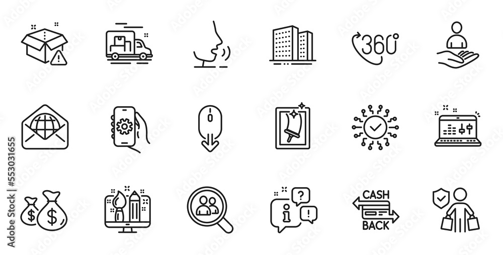 Outline set of Buildings, Web mail and 360 degree line icons for web application. Talk, information, delivery truck outline icon. Include Window cleaning, Creative design, Scroll down icons. Vector