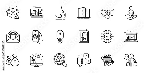 Outline set of Buildings, Web mail and 360 degree line icons for web application. Talk, information, delivery truck outline icon. Include Window cleaning, Creative design, Scroll down icons. Vector
