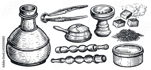 Hookah accessories sketch. Shisha, kaloud, tongs, charcoal, tobacco. Hand drawn vintage vector illustration