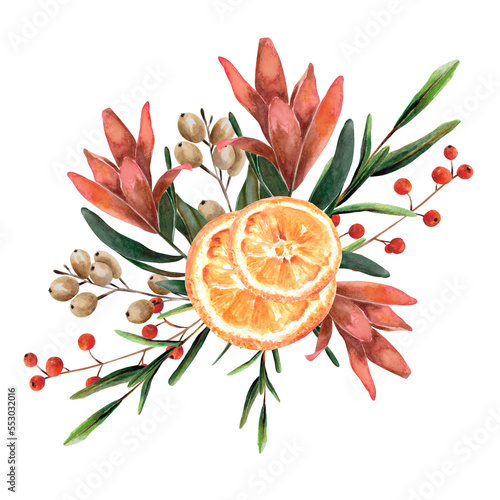 Watercolor festive bouquet of winter greenery, berries, orange, holiday plant. Traditional floral decor. For Christmas invites, postcards, posters, tshirt prints, stickers, wrapping, gift boxes, tags