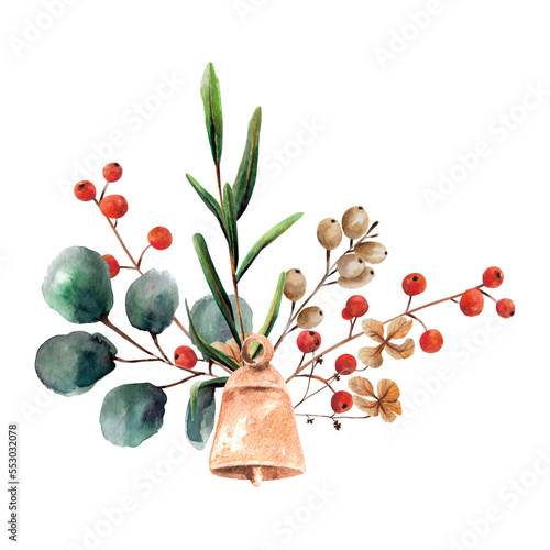 Watercolor festive bouquet of winter greenery, berries, gold bell,holiday plant.Traditional floral decor. For Christmas invites, postcards, posters, tshirt prints, stickers, wrapping, gift boxes, tags