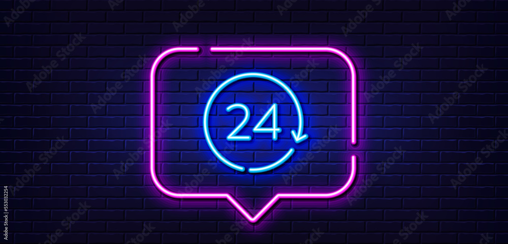 Neon light speech bubble. 24 hours time line icon. Clock sign. Watch symbol. Neon light background. 24 hours glow line. Brick wall banner. Vector Neon light speech bubble. 24 hours time line icon. Clock sign. Watch symbol. Neon light background. 24 hours glow line. Brick wall banner. Vector