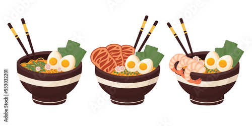 Doodle clipart. A bowl of delicious ramen, Asian traditional food. All objects are repainted.