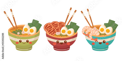 Doodle clipart. A bowl of delicious ramen, Asian traditional food. All objects are repainted.