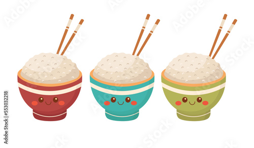 Doodle flat clipart. A bowl of rice with Chinese chopsticks. All objects are repainted.