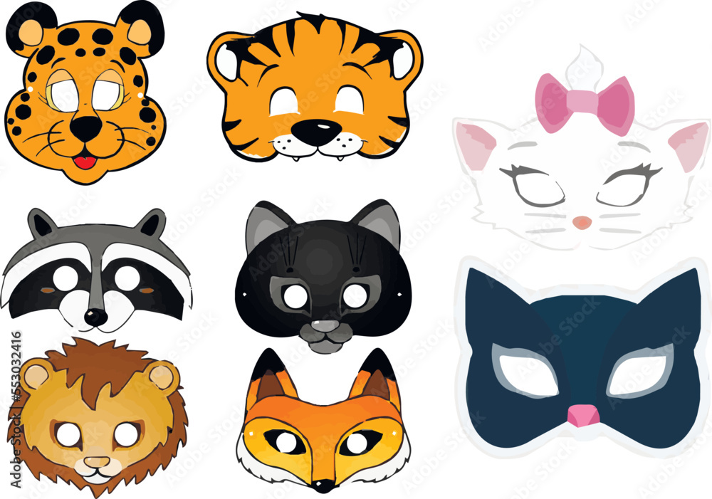 Children's New Year masks of wild animals: tiger, lion, raccoon, panther, cat, fox Children's New Year masks of wild animals: tiger, lion, raccoon, panther, cat, fox