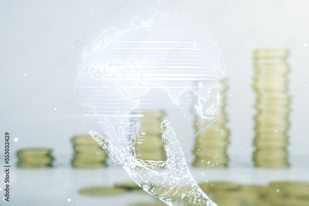 Multi exposure of abstract graphic world map hologram on growing coins stacks background, connection and communication concept Multi exposure of abstract graphic world map hologram on growing coins stacks background, connection and communication concept