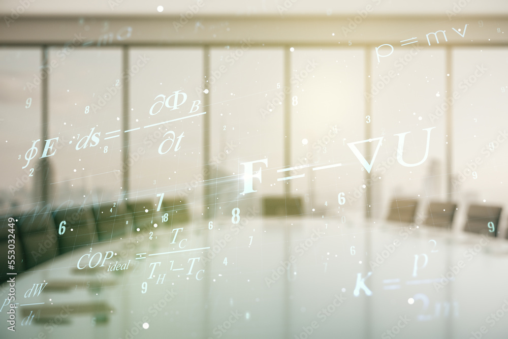 Fototapeta premium Scientific formula illustration on a modern coworking room background, science and research concept. Multiexposure