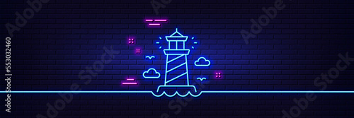 Neon light glow effect. Lighthouse line icon. Beacon tower sign. Searchlight building symbol. 3d line neon glow icon. Brick wall banner. Lighthouse outline. Vector