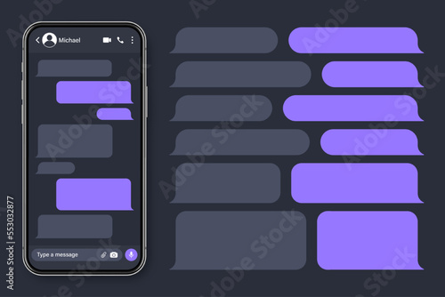 Realistic smartphone with messaging app. Blank SMS text frame. Conversation chat screen with violet message bubbles. Social media application. Vector illustration.