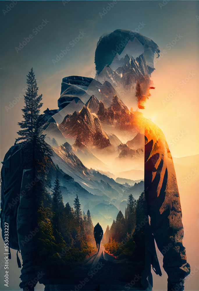 Double exposure of silhouette of a hiker man and mountains and nature ...