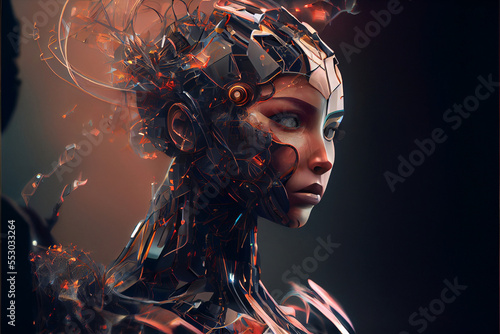 Portrait of a female cyborg robot. Concept for Artififial Intelligence. Designed using Generative AI photo