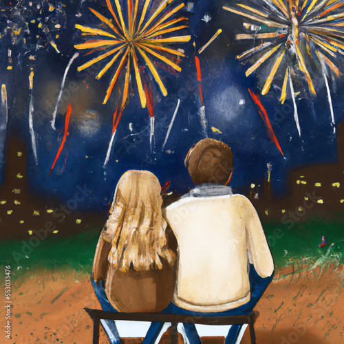 Couple Watching fireworks at night  on New Year's Eve