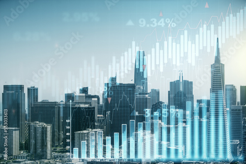 Abstract virtual financial graph hologram on San Francisco skyline background  forex and investment concept. Multiexposure