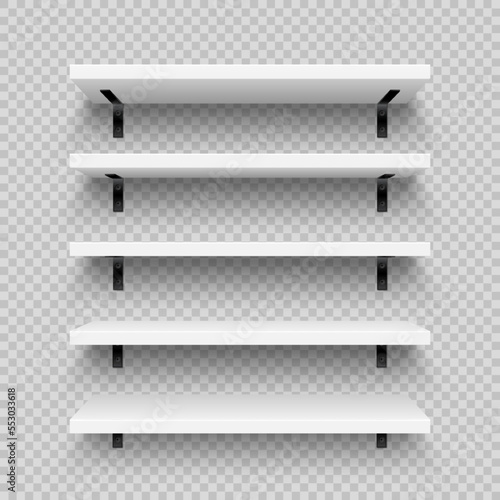 Realistic white store shelves with wall mount. Empty product shelf, grocery wall rack. Mall and supermarket furniture, bookshelf. Modern interior design element, room decoration. Vector illustration