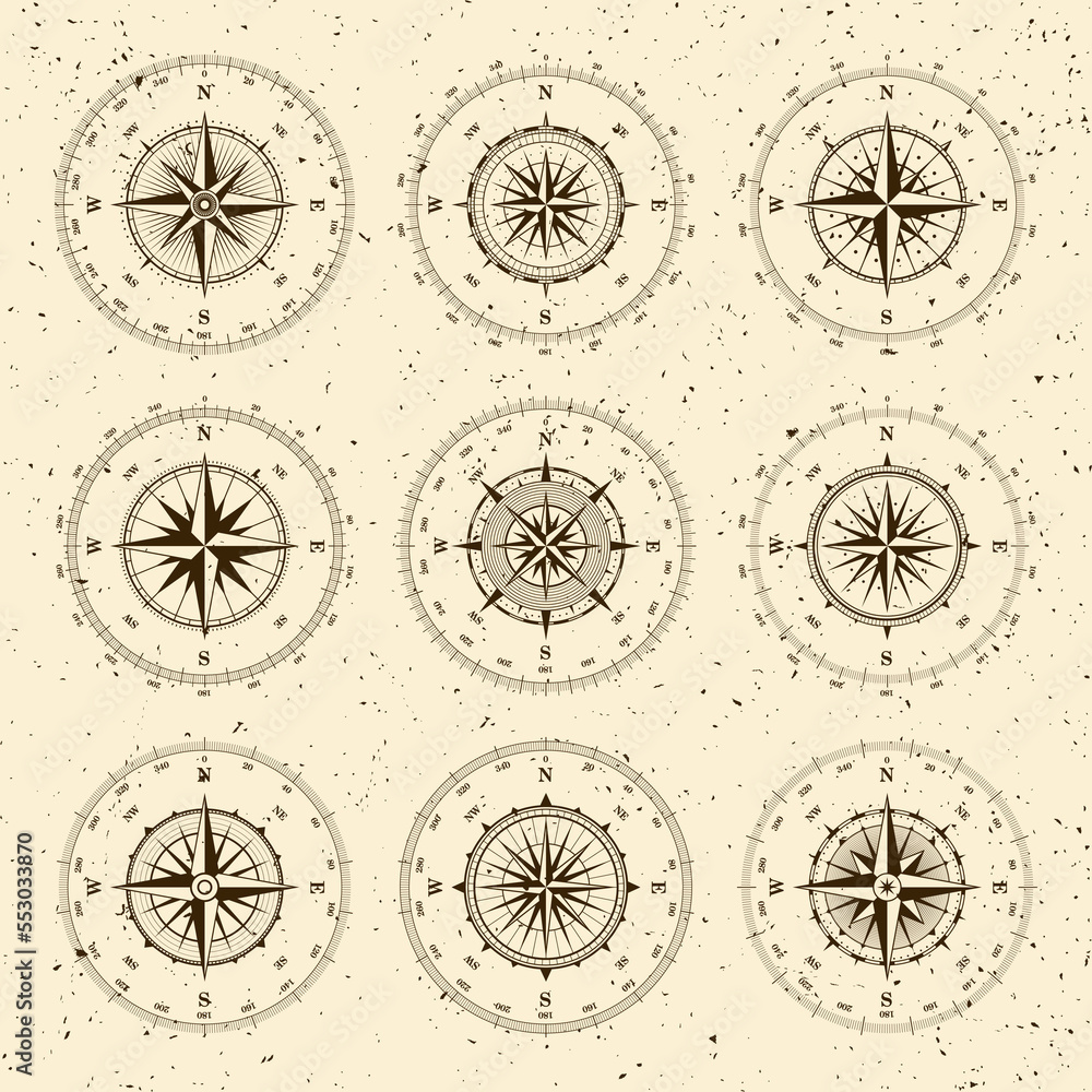 Vintage marine wind rose, nautical chart. Monochrome navigational compass with cardinal directions of North, East, South, West and degree markings. Geographical position, cartography and navigation.