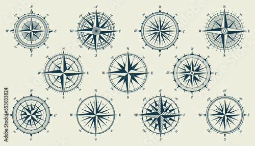 Vintage marine wind rose, nautical chart. Monochrome navigational compass with cardinal directions of North, East, South, West. Geographical position, cartography and navigation. Vector illustration.