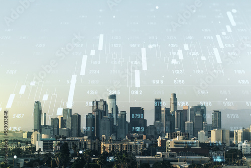 Multi exposure of abstract statistics data hologram interface on Los Angeles office buildings background, computing and analytics concept